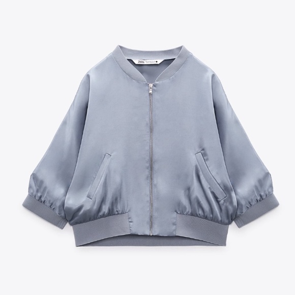 Zara light blue retro satin viscose crop bomber jacket NWT - Picture 2 of 10